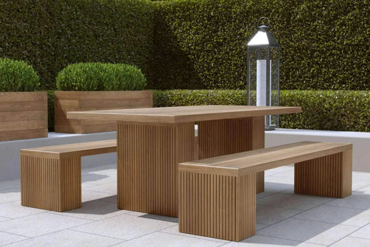 Mayfair Teak Garden Dining Table with Two 200cm Benches Front Angled View