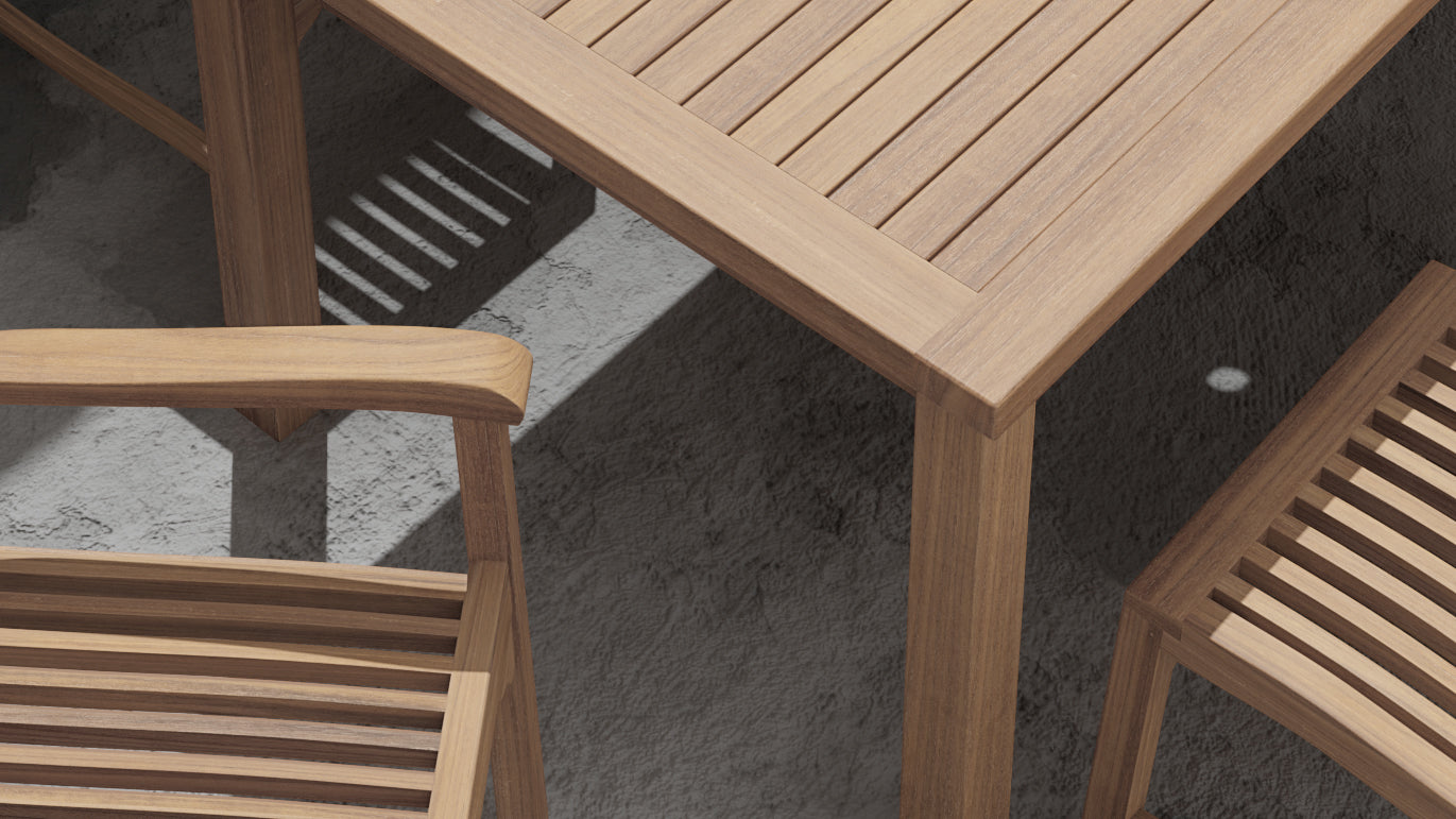 Fixed Rectangular Teak Garden Dining Table with Guildford Carver & Dining Chair in Detail