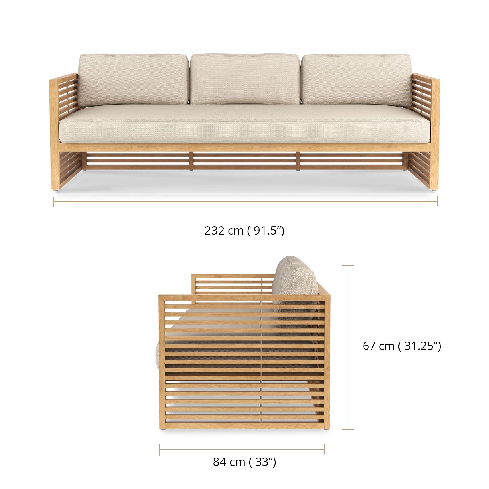 Buckingham Teak Modular Three Seater Sofa with Ecru Cushions Dimensions