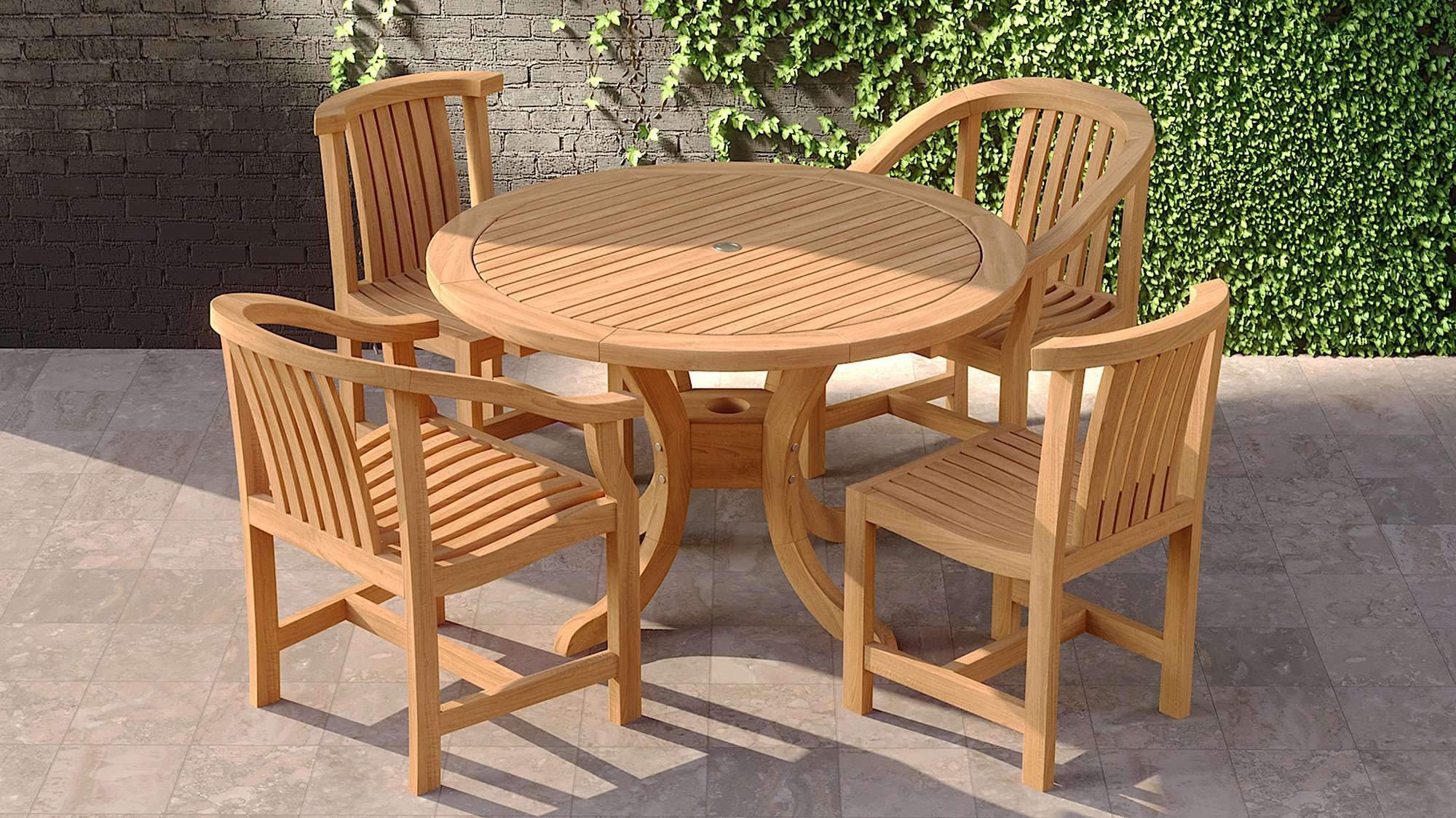Teak Pedestal Garden Table with 2 Winchester Carver & 2 Winchester Dining Chairs