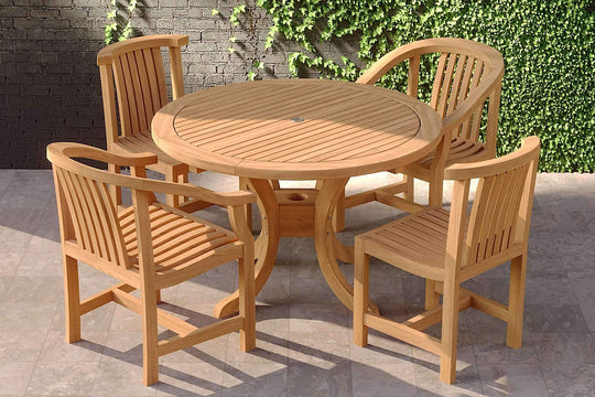 Teak Pedestal Garden Table with 2 Winchester Carver & 2 Winchester Dining Chairs