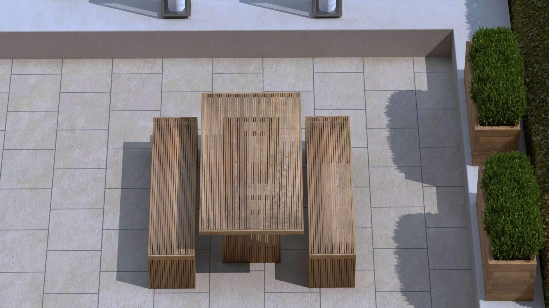 Mayfair Teak Garden Dining Table with Two 200cm Benches Overhead Perspective