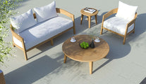 The Windsor Teak Round Side Table with Round Coffee Table, 2 Seater Sofa and Lounge Armchair