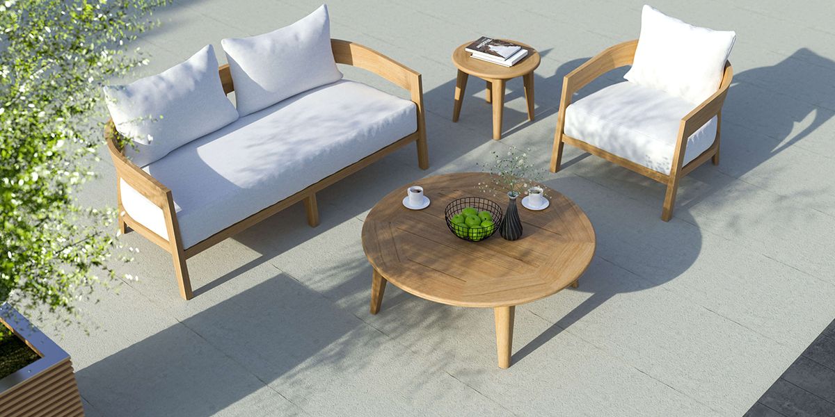 The Windsor Teak Round Coffee Table with 2 Seater Sofa, Lounge Armchair and Round Side Table