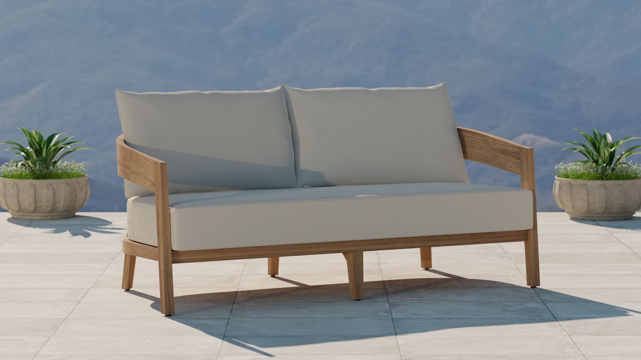 The Windsor Outdoor Teak Lounge Sofa 2 Seater with Ecru Cushions