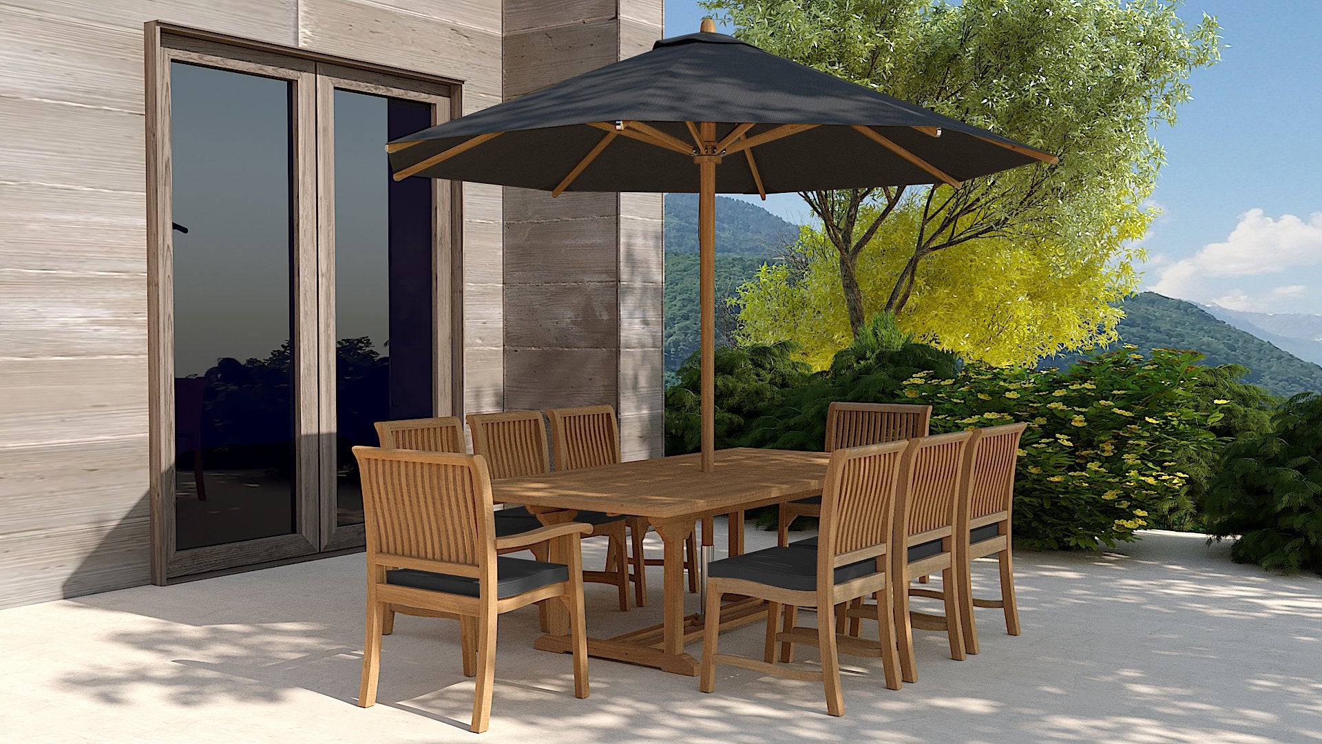 Teak Rectangular Extending Table & 8 Guildford Chair Set with Graphite Cushions Angled View