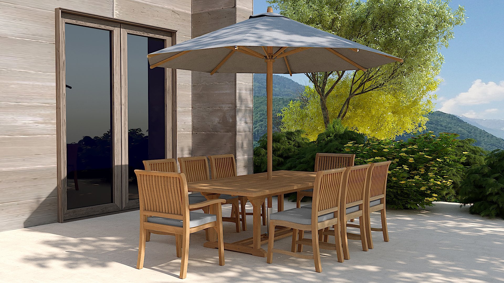 Teak Rectangular Extending Table & 8 Guildford Chair Set with Light Grey Cushions
