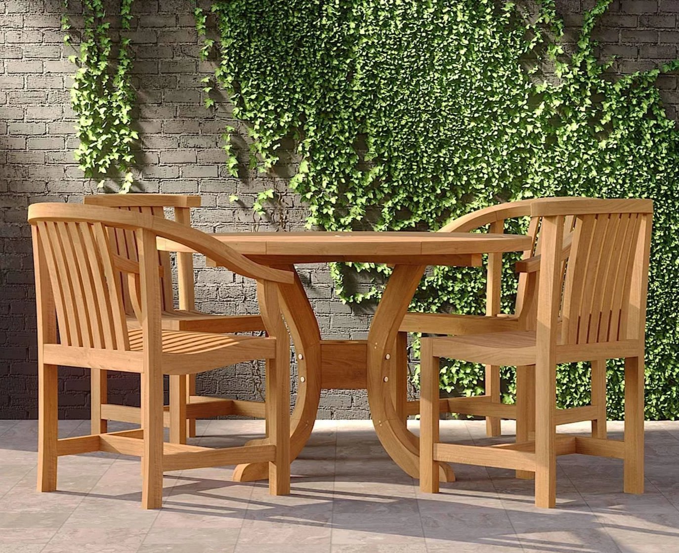 Teak Pedestal Garden Table with 2 Winchester Carver & 2 Winchester Dining Chairs Front View