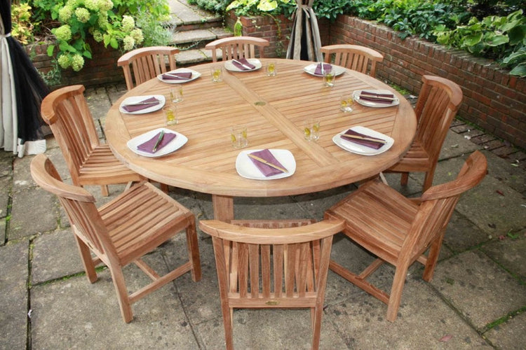 Large teak garden dining set - round teak table with 8 dining chairs