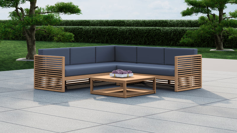 Teak bench and lounge suite on a terrace