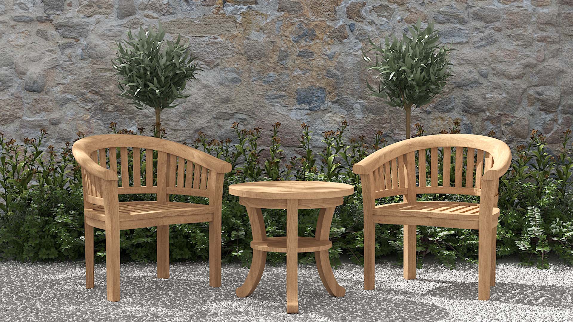 Two Gloucester Teak Lounge Garden Chairs with Round Side Table