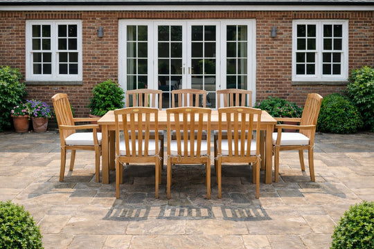 <p>Our <a href="https://chic-teak.co.uk/products/garden-teak-rectangular-table-in-sizes-from-4-to-16-seater?_gl=1*1am8521*_up*MQ..*_ga*OTgwMTM3NTE3LjE3NzQ2MTIyMjA.*_ga_8005ZCT2RF*czE3NzQ2MTIyMTkkbzEkZzEkdDE3NzQ2MTY1NDAkajYwJGwwJGg2ODk3OTgwMzQ." target="_blank" title="https://chic-teak.co.uk/products/garden-teak-rectangular-table-in-sizes-from-4-to-16-seater?_gl=1*1am8521*_up*MQ..*_ga*OTgwMTM3NTE3LjE3NzQ2MTIyMjA.*_ga_8005ZCT2RF*czE3NzQ2MTIyMTkkbzEkZzEkdDE3NzQ2MTY1NDAkajYwJGwwJGg2ODk3OTgwMzQ.">Fixed rectangular table</a> with <a href="https://chic-teak.co.uk/products/dorchester-teak-garden-dining-chair" target="_blank" title="https://chic-teak.co.uk/products/dorchester-teak-garden-dining-chair">Dorchester Chairs</a></p>