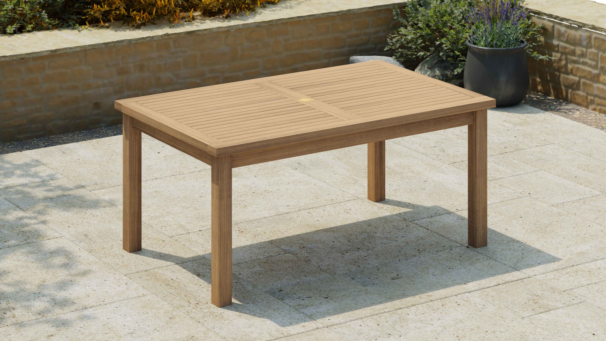 Teak Fixed Rectangular Table 100 x 160cm with Parasol Hole Front Angled View