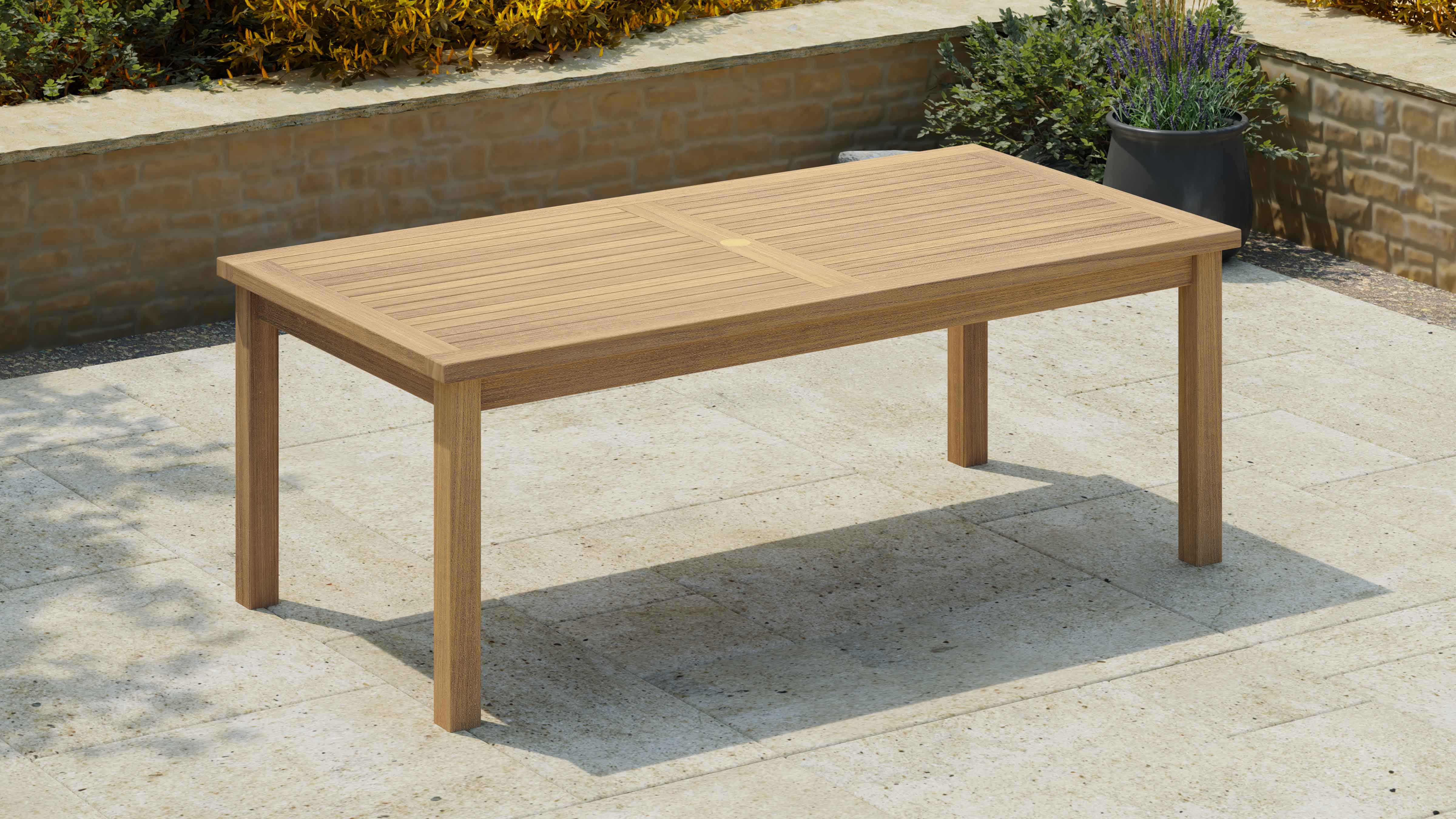 Teak Fixed Rectangular Garden Dining Table Front Angled View