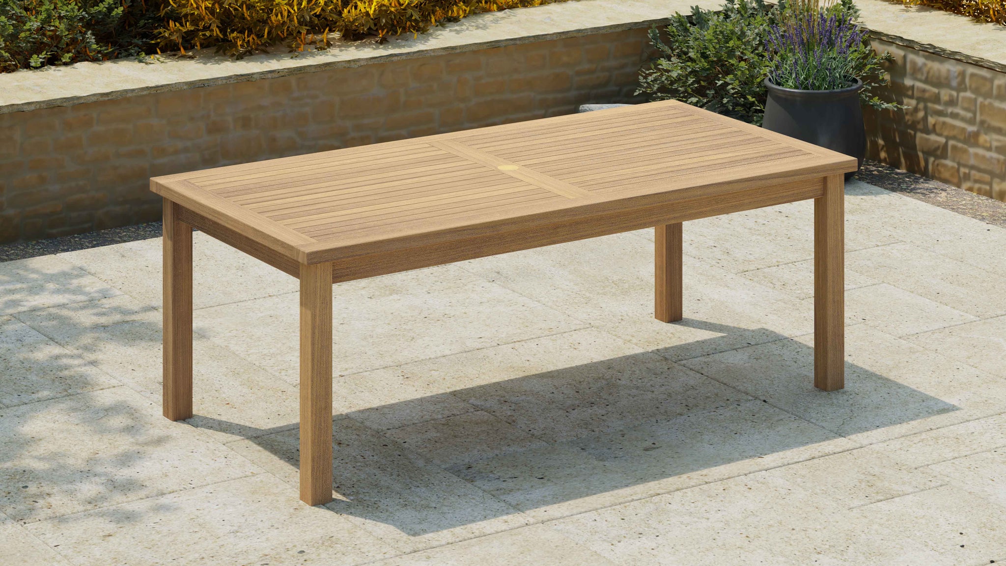 100 x 200cm Fixed Rectangular Teak Table Front Angled View