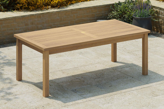 Teak Fixed Rectangular Table 100 x 200cm with Parasol Hole Front Angled View