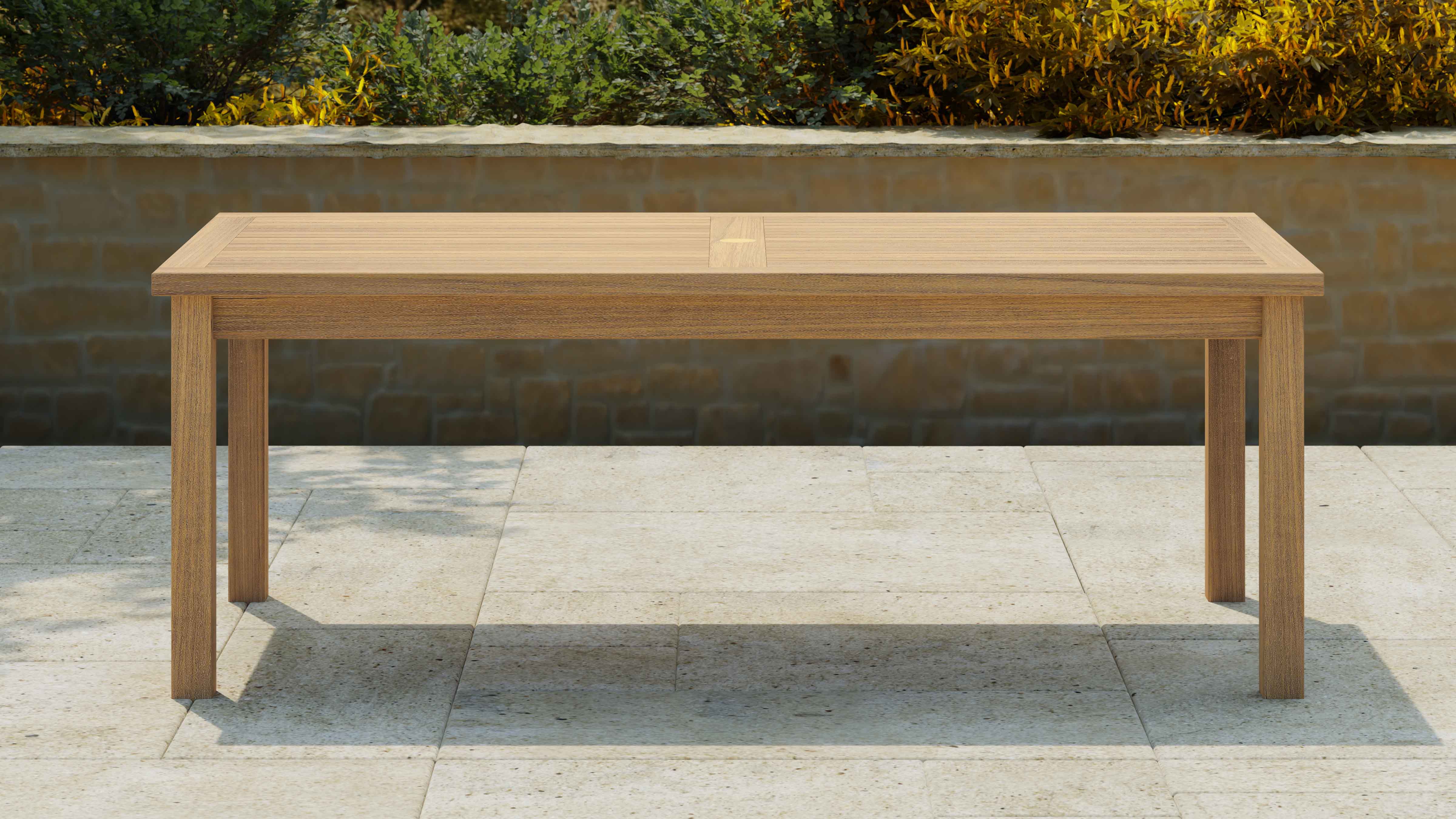 Teak Fixed Rectangular Table 100 x 200cm with Parasol Hole Front View