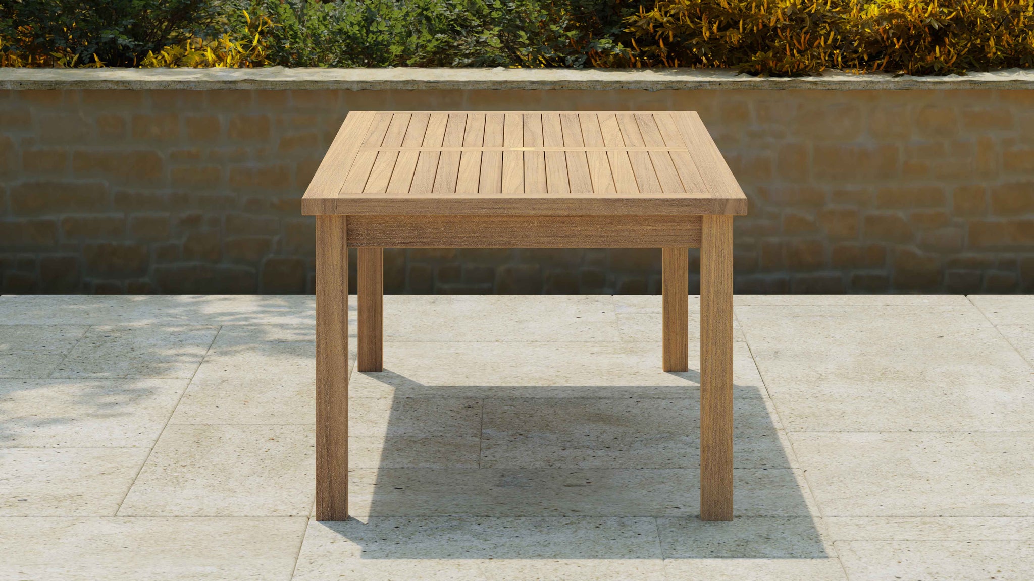 Teak Fixed Rectangular Table 100 x 200cm with Parasol Hole Side View