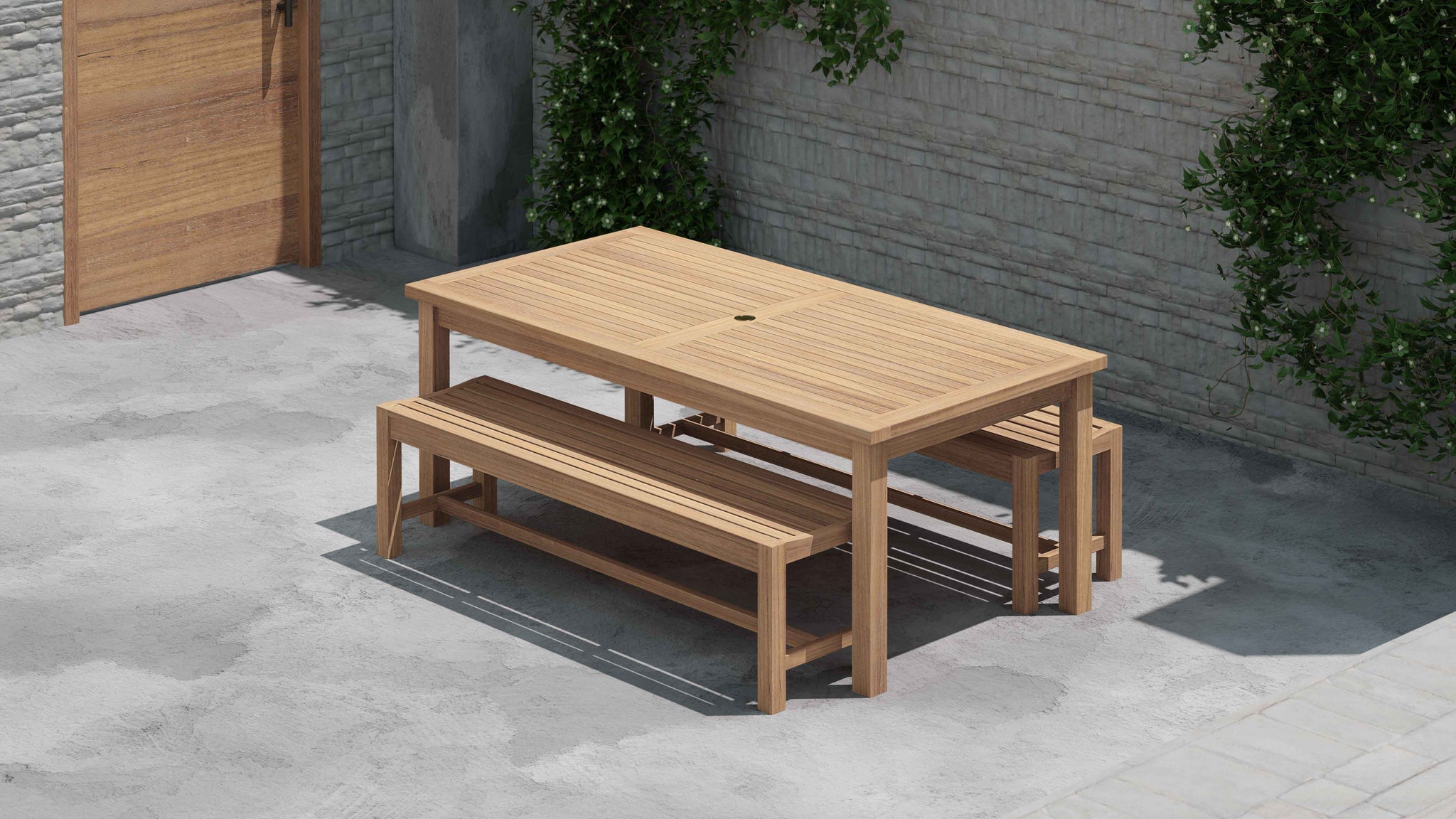 100 x 200cm Teak  Fixed Rectangular Table with 2 Backless Benches Front Angled View