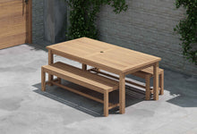 100 x 200cm Teak  Fixed Rectangular Table with 2 Backless Benches Front Angled View