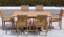 Teak Rectangular Extending Garden Dining Table 130-180cm  &  6 Wells Stacking Carver  Chairs