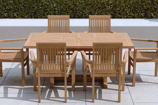 Teak Rectangular Extending Garden Dining Table 130-180cm  &  6 Wells Stacking Carver  Chairs