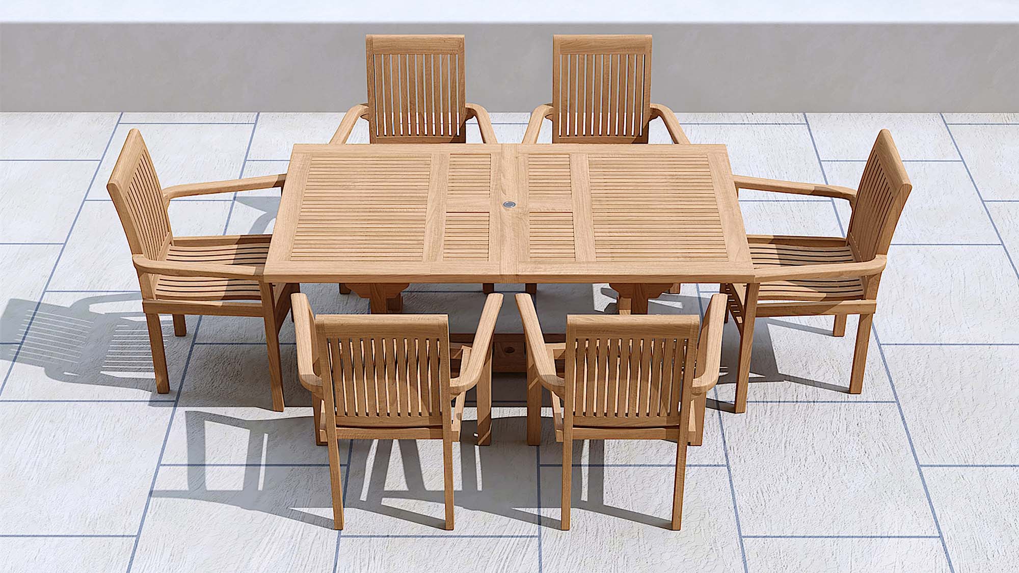 Teak Rectangular Extending Garden Dining Table 130-180cm  &  6 Wells Stacking Carver  Chairs Overhead Perspective