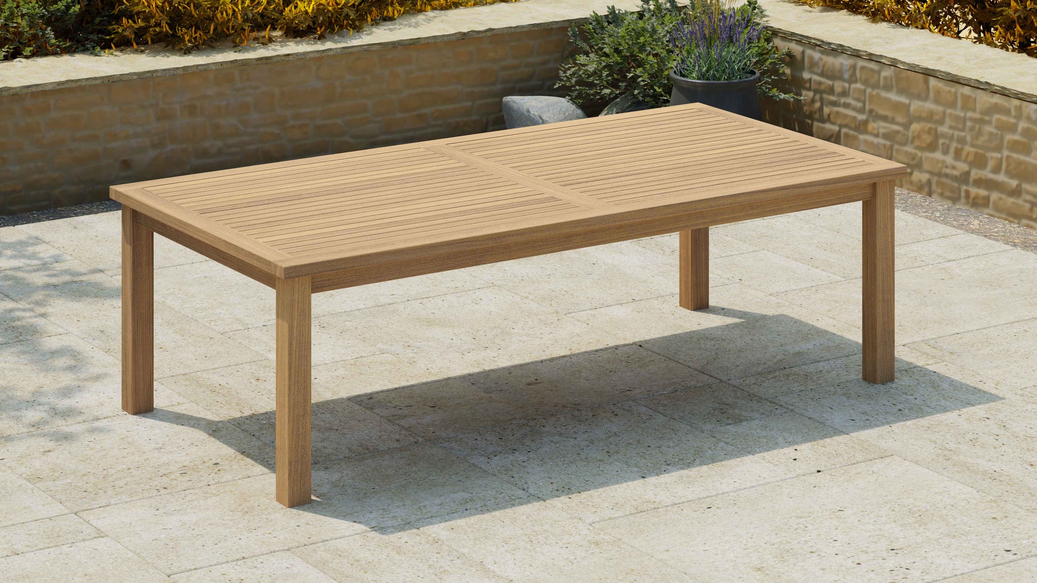 Teak Fixed Rectangular Table 120 x 240cm without Parasol Hole Front Angled View