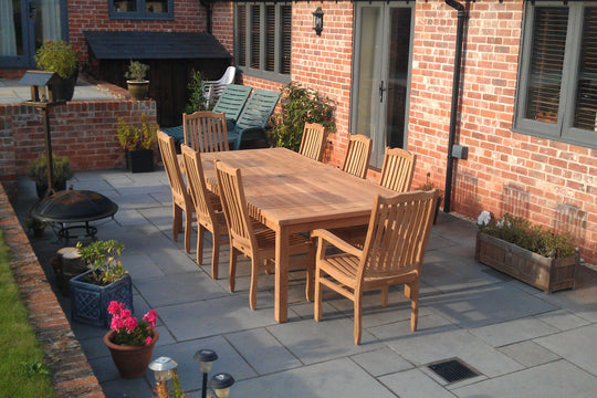 <p>Our <a href="https://chic-teak.co.uk/products/garden-teak-rectangular-table-in-sizes-from-4-to-16-seater" target="_blank" title="https://chic-teak.co.uk/products/garden-teak-rectangular-table-in-sizes-from-4-to-16-seater">Fixed Rectangular Table</a> with <a href="https://chic-teak.co.uk/products/kensington-teak-garden-carver-chair" target="_blank" title="https://chic-teak.co.uk/products/kensington-teak-garden-carver-chair">Kensington Carver Chairs</a></p>
