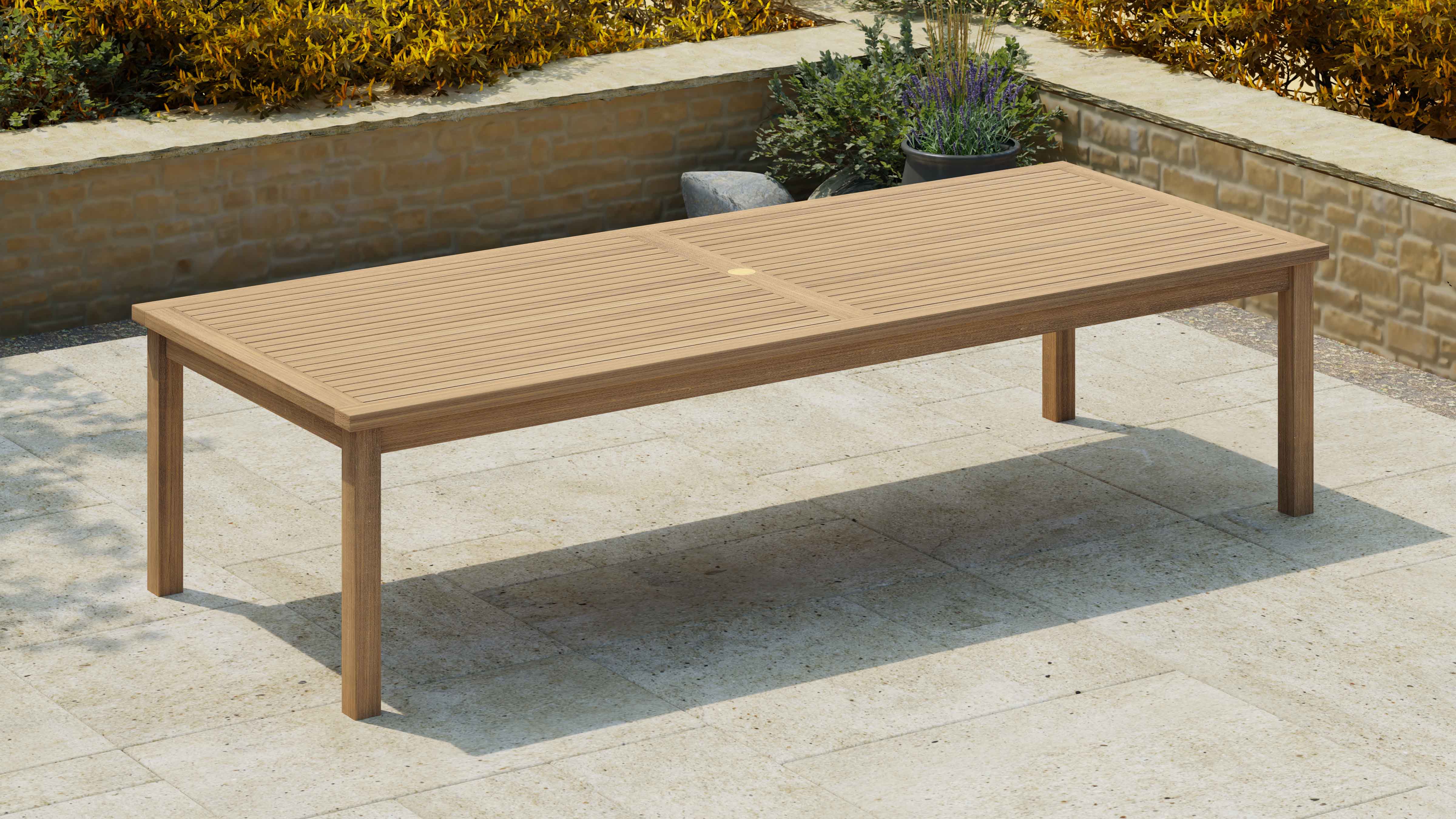 Teak Fixed Rectangular Table 120 x 300cm with Parasol Hole Front Angled View