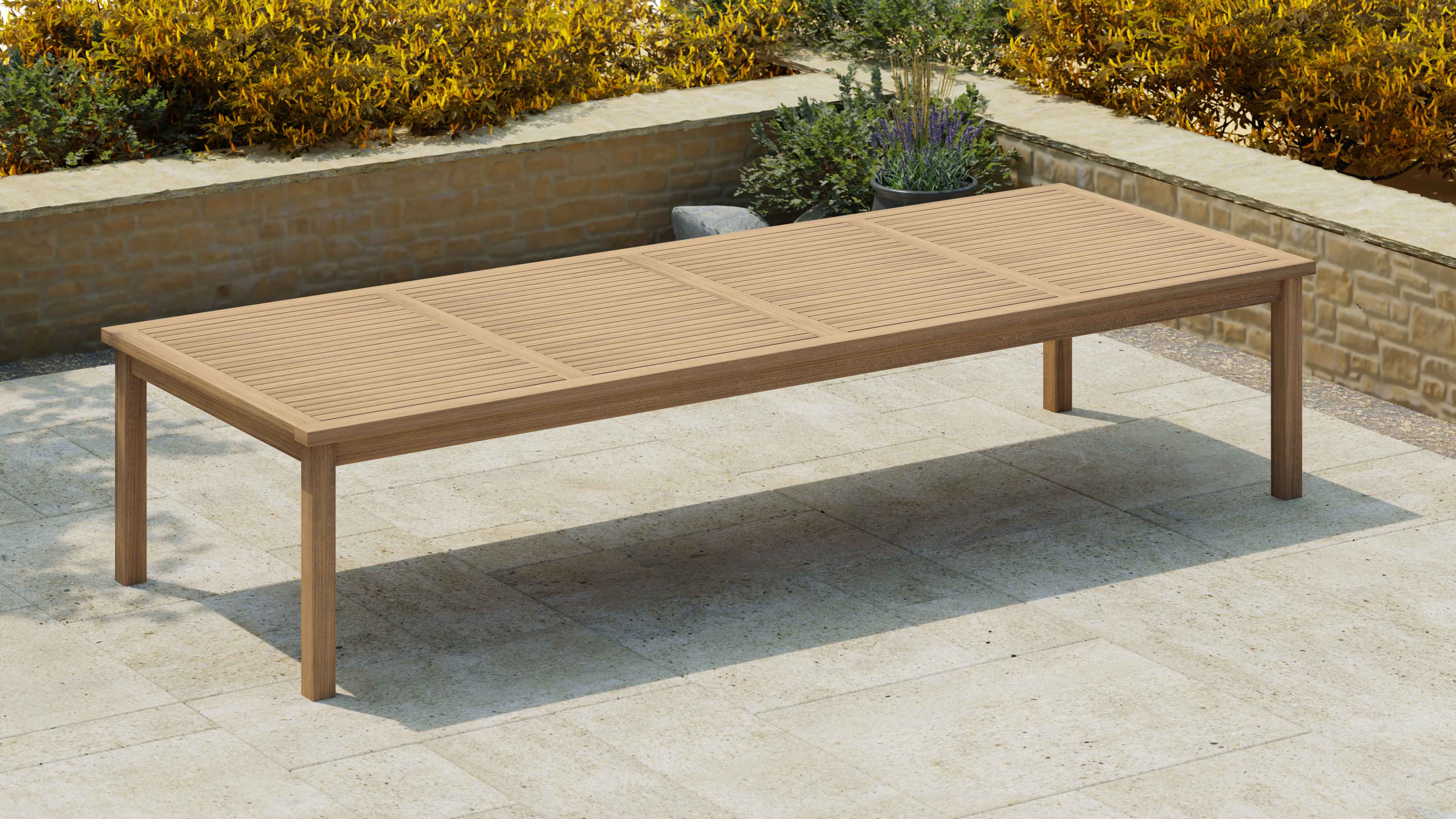 Teak Fixed Rectangular Table 130 x 350cm without Parasol Hole Front Angled View