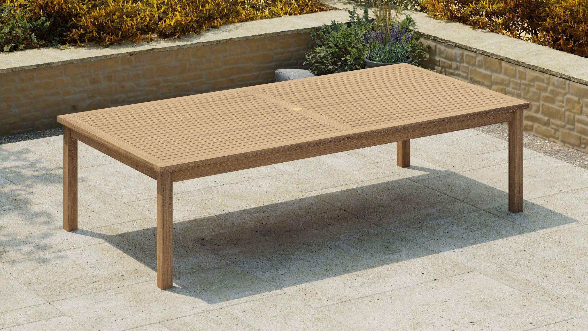 Teak Fixed Rectangular Table 140 x 280cm with Parasol Hole Front Angled View