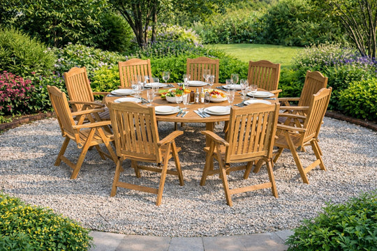 Teak Fixed Round Table with Lymington Recliner Chairs