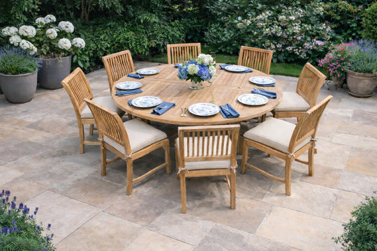 <p>Our <a href="https://chic-teak.co.uk/products/garden-teak-round-table-in-sizes-from-8-to-12-seater" target="_blank" title="https://chic-teak.co.uk/products/garden-teak-round-table-in-sizes-from-8-to-12-seater">180cm Fixed Round Table</a> with <a href="https://chic-teak.co.uk/products/guildford-dining-garden-chair" target="_blank" title="https://chic-teak.co.uk/products/guildford-dining-garden-chair">Guildford Chairs</a></p>