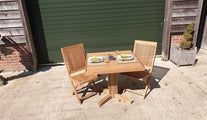 Sale Mayfair Teak Pedestal Table Shown with Mayfair Folding Chairs