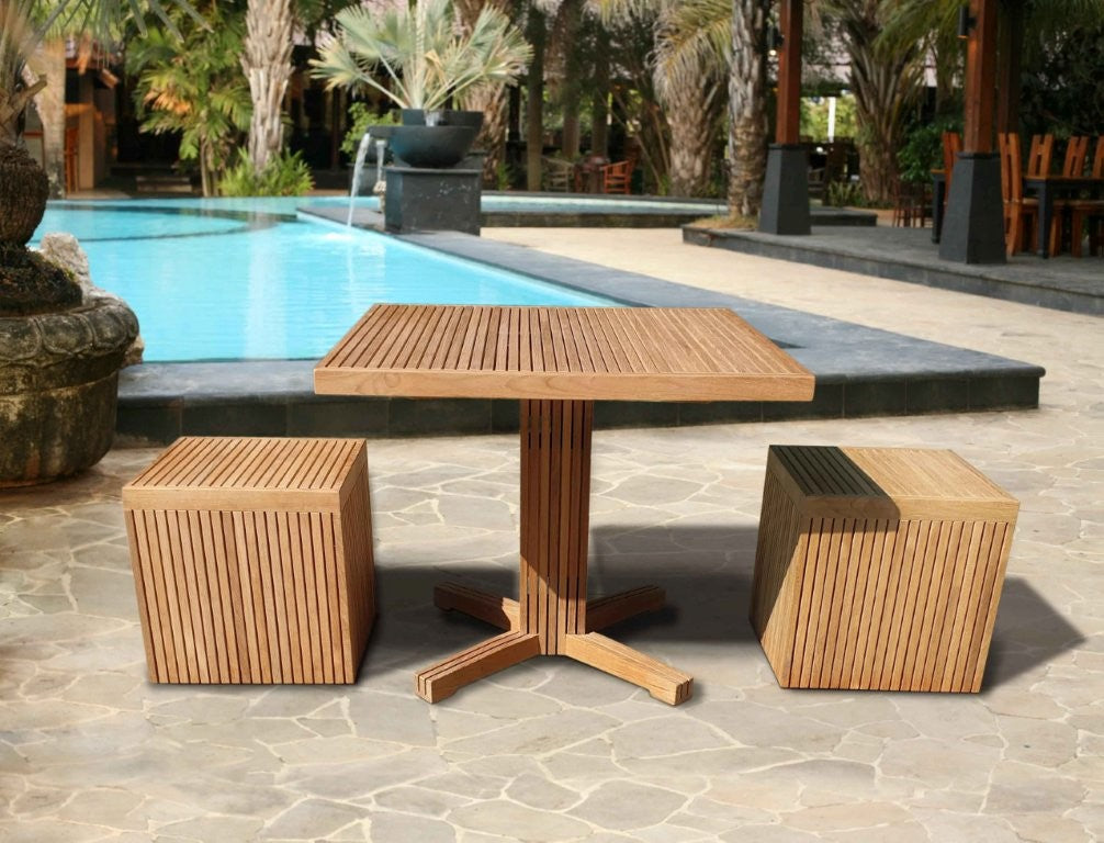 Sale Mayfair Teak Pedestal Table shown with Mayfair Stools