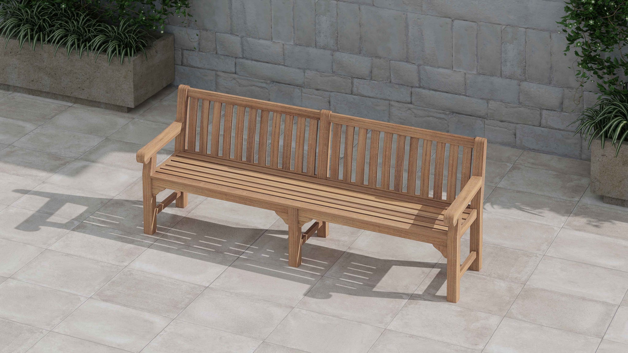 240cm Salisbury Teak Large Garden Bench Front Overhead Perspective