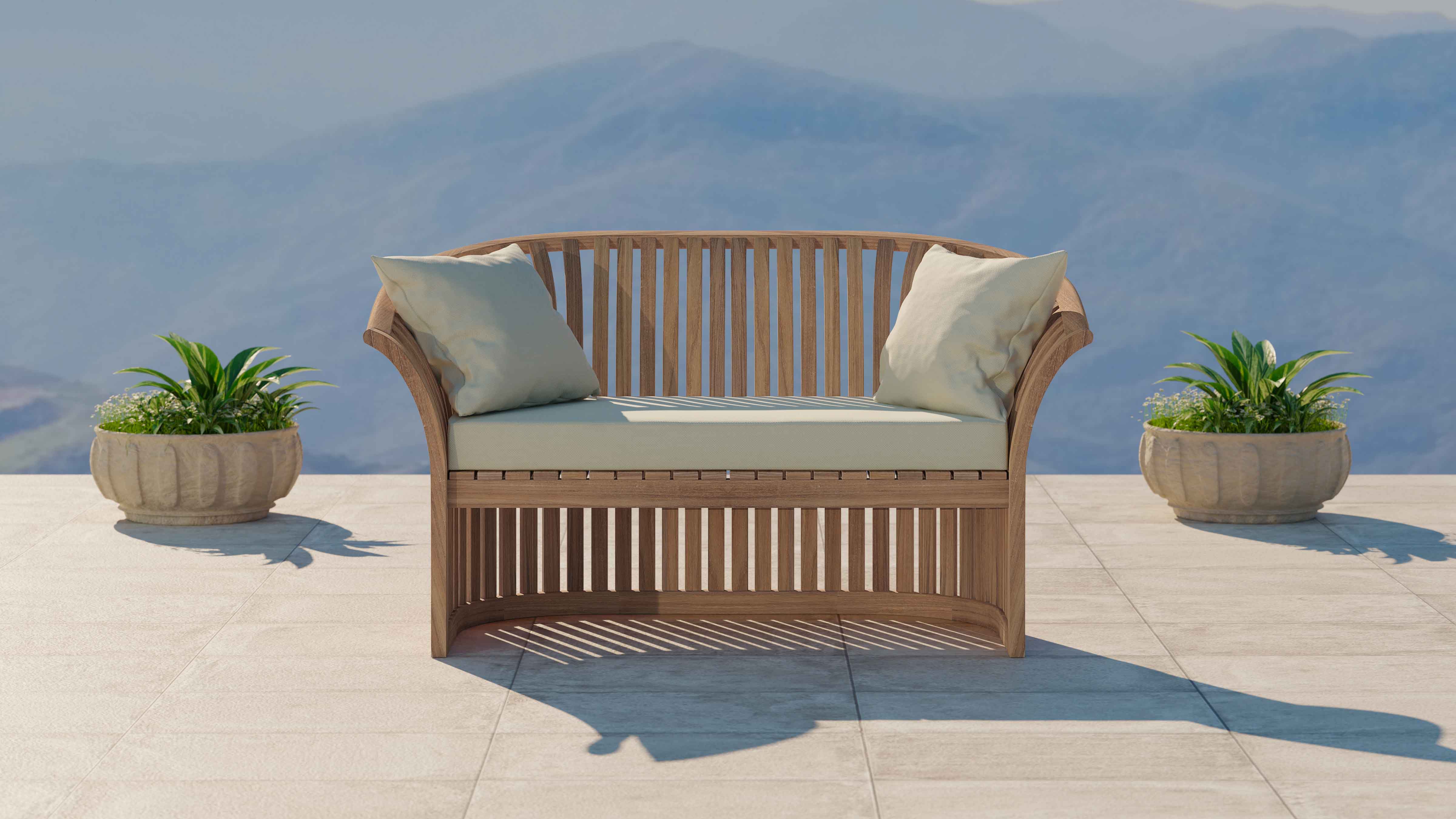 Ascot Teak Outdoor Sofa Two Seater with Ecru Cushions Front View