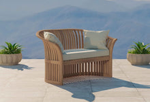 Ascot Teak Outdoor Sofa Two Seater with Ecru Cushions Front Angled View