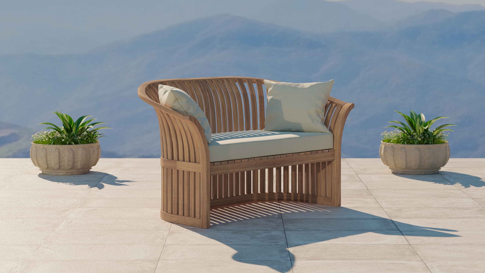 Teak Ascot Outdoor Lounge Set Showing Two Seat Sofa with Ecru Cushions