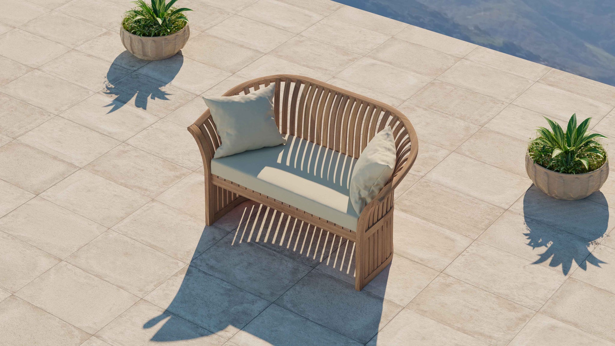 Ascot Teak Outdoor Sofa Two Seater with Ecru Cushions Overhead Perspective