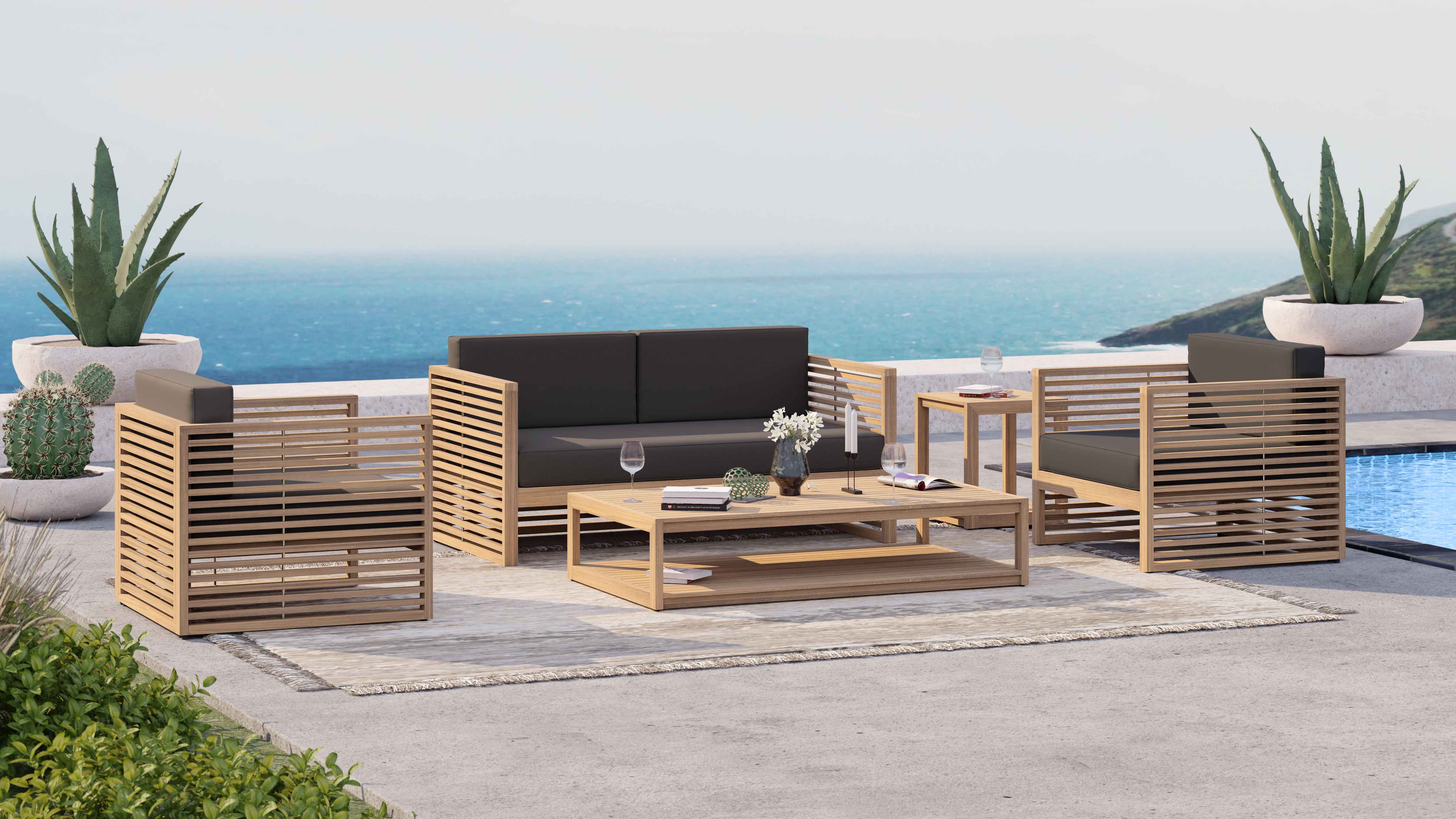 |Buckingham Modular Outdoor Lounge Set Featuring Two Seat Sofa, Two Lounge Armchairs and Rectangular Coffee Table in Taupe