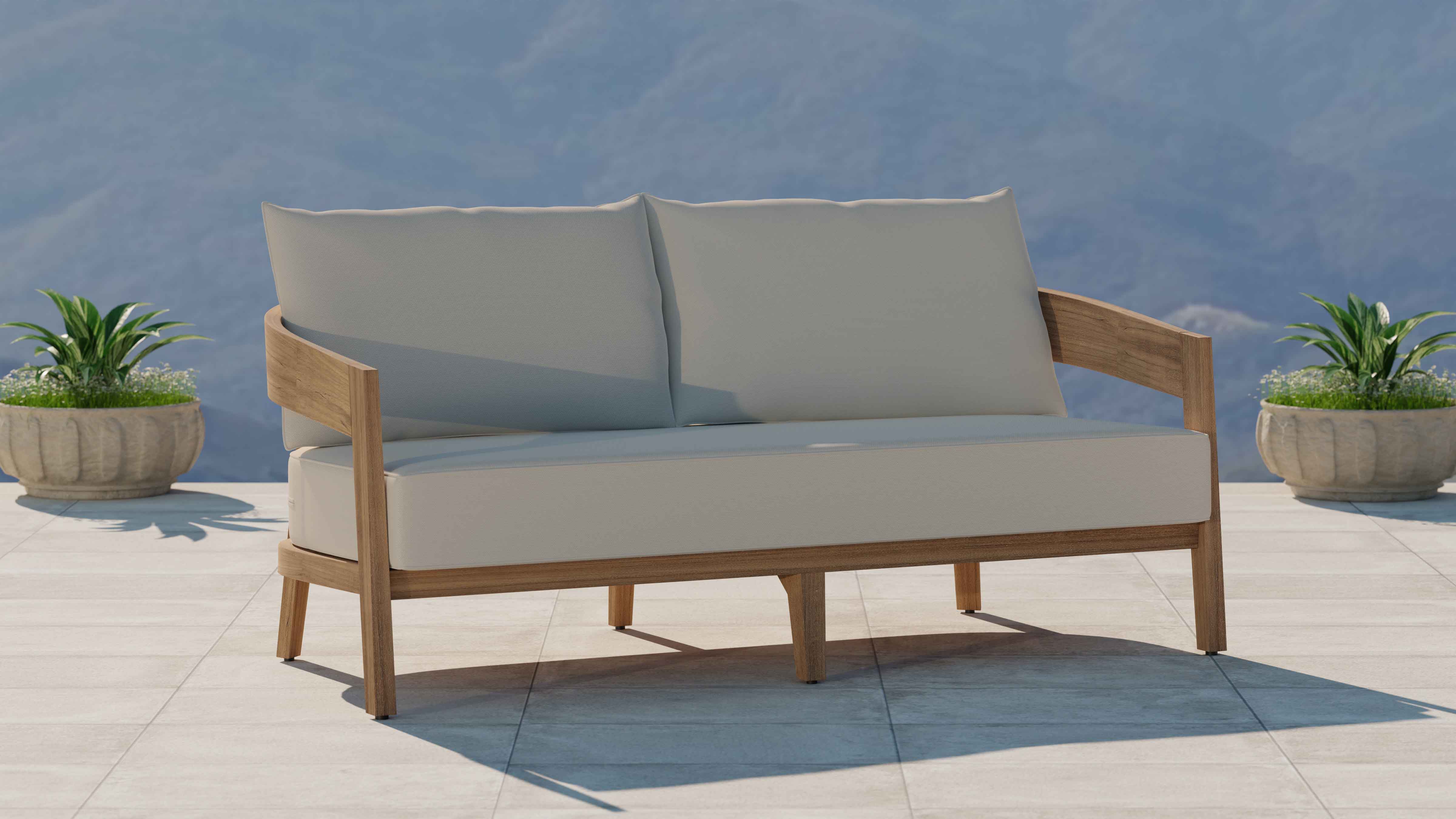 Windsor Teak Two Seater Sofa with Ecru Cushions Front Angled View