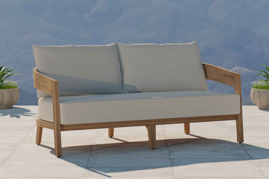 Windsor Teak Two Seater Sofa with Ecru Cushions Front Angled View