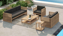 The Buckingham Teak Square Side Table Shown with Sofas, Chair and Rectangular Coffee Table