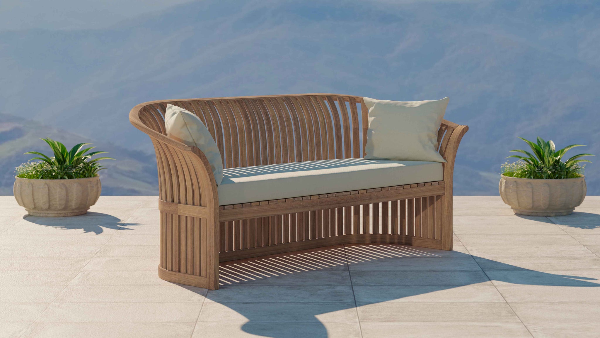 Teak Ascot Outdoor Lounge Set Three Seater Sofa Shown with Ecru Cushions Front Angled View