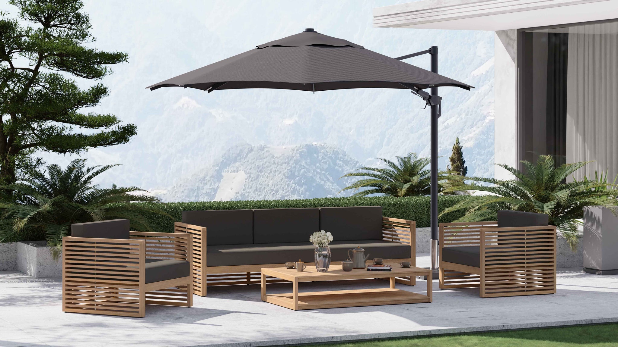 Buckingham Modular Set Showing Three Seat Sofa, Two Lounge Armchairs, Rectangular Coffee Table & Cantilever Parasol in Graphite