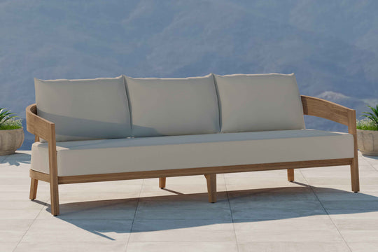 Windsor Teak Three Seater Sofa with Ecru Cushions Front Angled View