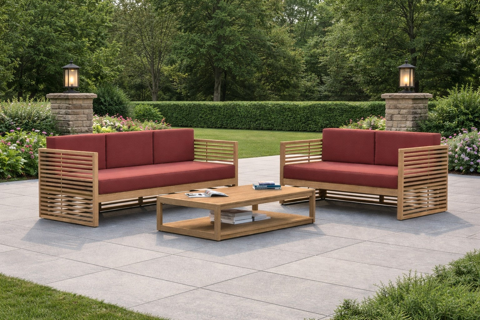 Buckingham Teak 3 Seater, 2 Seater Sofa and Coffee Table in Paris Terracotta Range