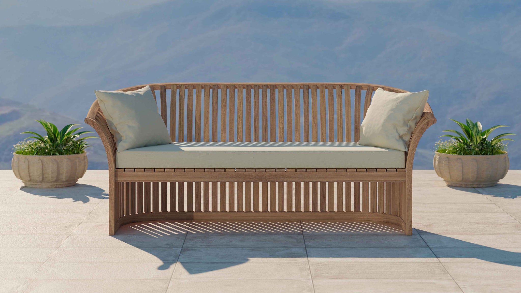 Ascot Teak Outdoor Sofa Three Seater with Ecru Cushions Front View